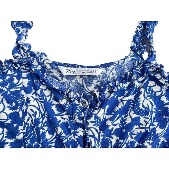Zara Blue & White Floral Ruffle Crop Tank Top - Size Medium - Picture 5 of 9